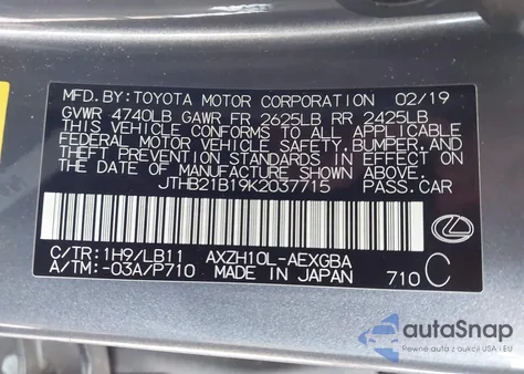 2019 Lexus Es 300H Luxury из США, поврежденный, VIN JTHB21B19K2037715